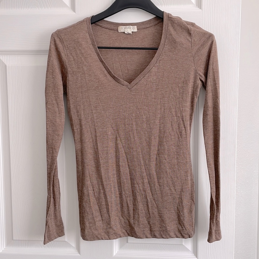 Cool Tone Brown Long Sleeve Basics V-Neck Shirt Size S